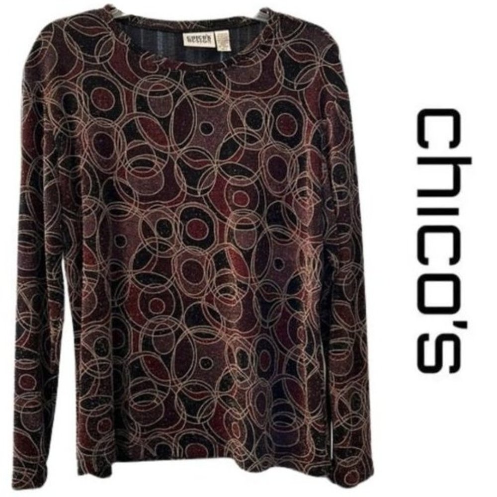 Size 3 = XL Chico's Design Geometric Gold Flecks Circles Metallic